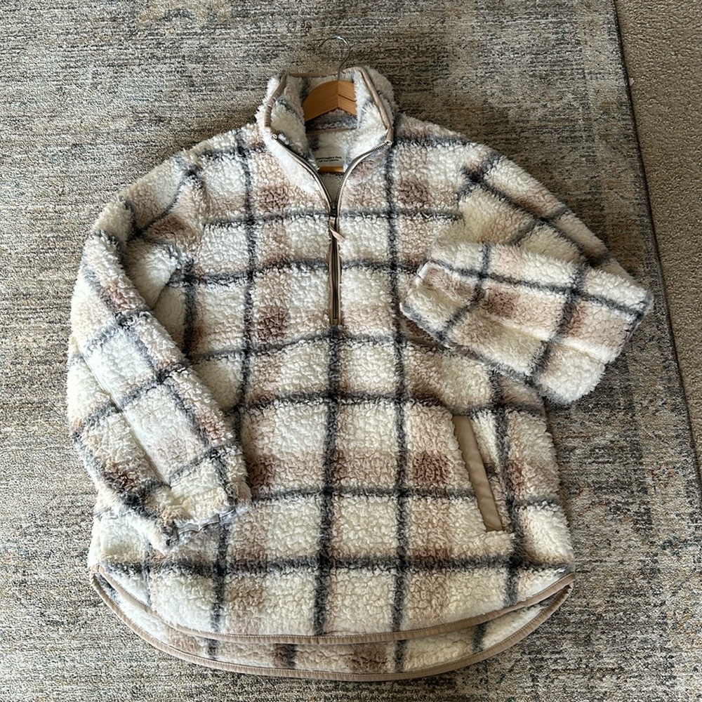 Abercrombie & Fitch Plaid Sherpa Hoodie - Cream and Brown